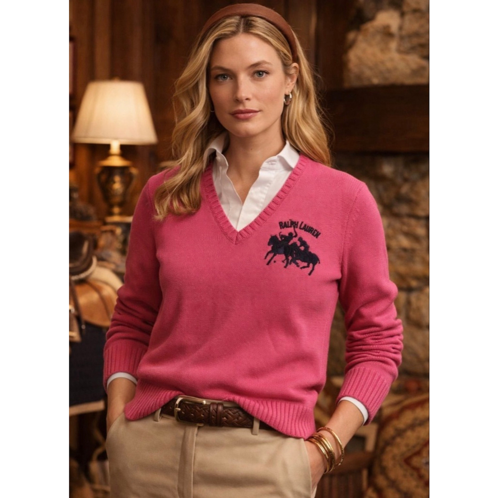 Women's Ralph Lauren Y2K Sport Pink V-Neck Sweater L with Navy Logo